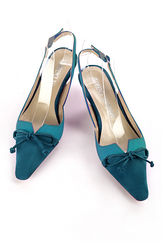 Peacock blue women's open back shoes, with a knot. Tapered toe. Medium spool heels. Top view - Florence KOOIJMAN